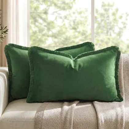 HOMEIDEAS Olive Green Velvet Throw Pillow Covers 20x12 Set of 2