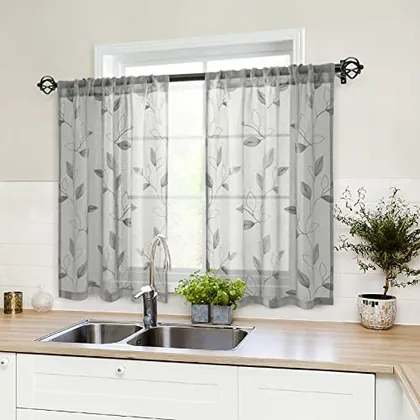 HOMEIDEAS Grey Kitchen Sheer Tier Curtains Leaf Embroidered