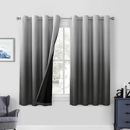HOMEIDEAS Ombre 100% Blackout Grey Curtains 52W x 63L 2 Panels