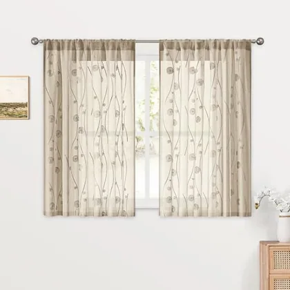 HOMEIDEAS Taupe Sheer Kitchen Curtains 52 x 45 Inch Length 2 Panels Beige