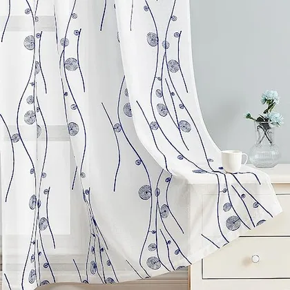 HOMEIDEAS Navy and White Sheer Curtains 52 X 96 Inches Length 2 Panels Blue