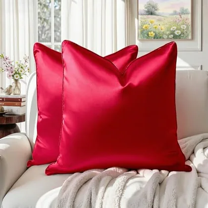 HOMEIDEAS Faux Silk Red Decorative Pillow Covers 24x24 Set of 2