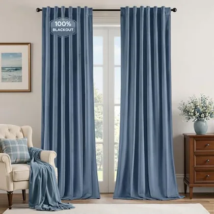 HOMEIDEAS 100% Blackout Velvet Curtains Blue 84'' 2 Panels for Bedroom