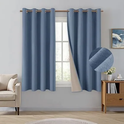 HOMEIDEAS 100% Blackout Stone Blue Faux Linen 52'' X 63'' Curtains 2 Panels