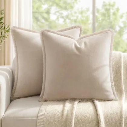HOMEIDEAS Neutral Beige Velvet Throw Pillow Covers 20x20 Set of 2