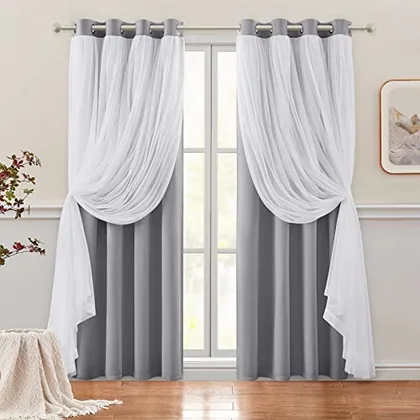HOMEIDEAS Double Layer Curtains Light Grey Blackout Curtains 84 Inch Length