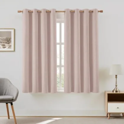 HOMEIDEAS 100% Blackout Blush Pink Linen Curtains 52W x 63L 2 Panels
