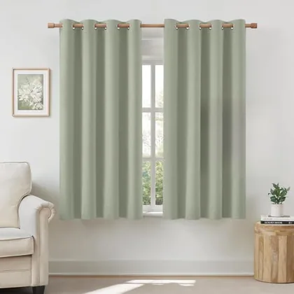 HOMEIDEAS 100% Blackout Sage Green Linen Curtains 52W x 63L 2 Panels