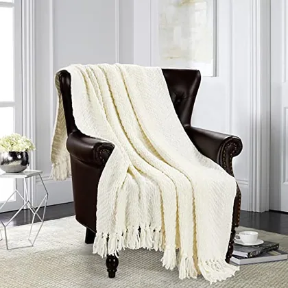 HOMEIDEAS Warm Tassel Knit Blanket Throw Size for Couch Sofa Bed