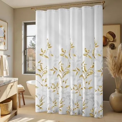 HOMEIDEAS Gold Botanical Shower Curtain 71×74 Inches
