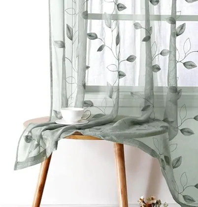 HOMEIDEAS Sage Green Sheer Curtains Leaf Embroidered