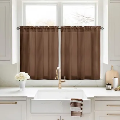 HOMEIDEAS Non-See-Through Brown Privacy Sheer Kitchen Curtains