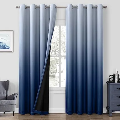 HOMEIDEAS Ombre 100% Blackout Navy Blue Curtains 52W x 84L 2 Panels