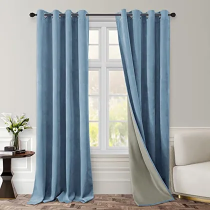 HOMEIDEAS Stone Blue Full Blackout Velvet Curtains