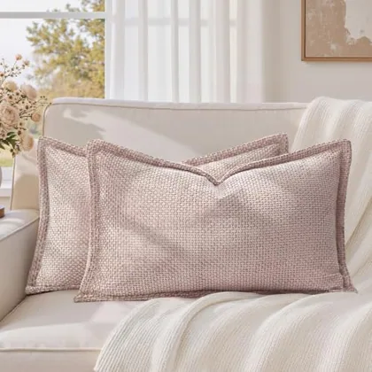 HOMEIDEAS Woven Pink Chenille Farmhouse Pillow Covers 20x12 Set of 2