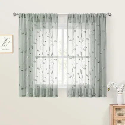 HOMEIDEAS Sage Green Kitchen Curtains Leaf Embroidered