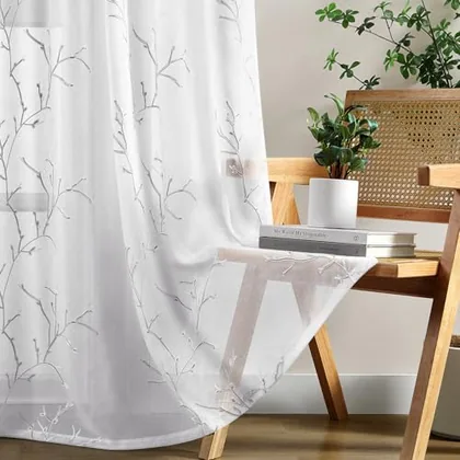 HOMEIDEAS White and Grey Sheer Curtains 52 X 63 Inches Length