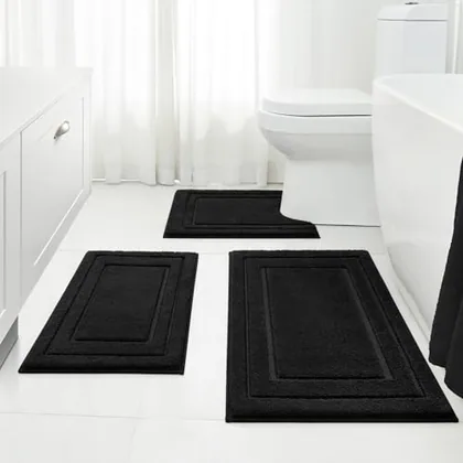 HOMEIDEAS Black Bathroom Rugs Set of 3