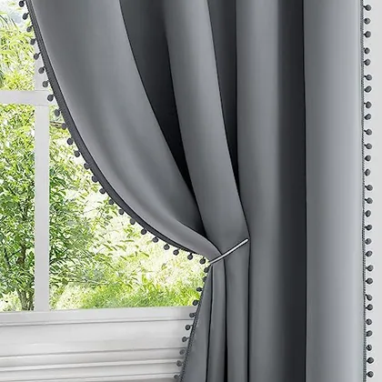 HOMEIDEAS Grey Pom Pom Blackout Curtains 52 x 63 Inches Long Grommet Room