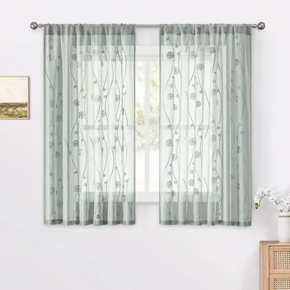 HOMEIDEAS Sage Green Sheer Kitchen Curtains 52 x 54 Inch Length 2 Panels
