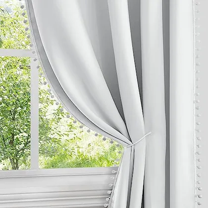 HOMEIDEAS Greyish White Pom Pom Blackout Curtains 52 x 96 Inches Long