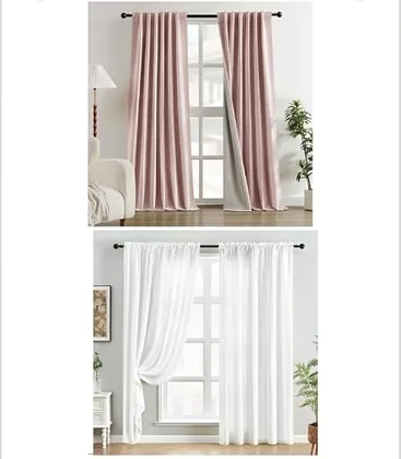 HOMEIDEAS 2 Panels White Sheer Curtains and 2 Panels Blush Pink Full