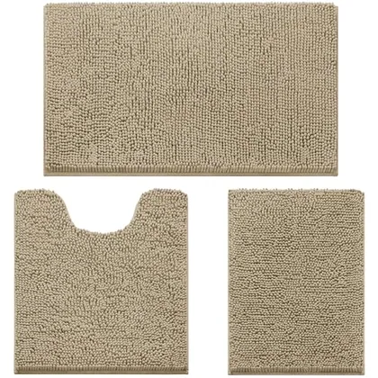 HOMEIDEAS Taupe Chenille Bathroom Rugs Set of 3