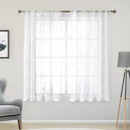 HOMEIDEAS White Sheer Kitchen Curtains 52 x 54 Inch Length 2 Panels