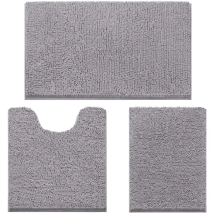 HOMEIDEAS Grey Chenille Bathroom Rugs Set of 3