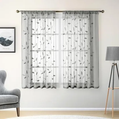 HOMEIDEAS Grey/Gray Sheer Kitchen Curtains 52 x 45 Inch Length 2 Panels