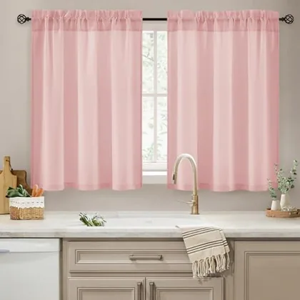 HOMEIDEAS Non-See-Through Pink Sheer Kitchen Curtains