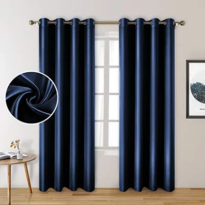 HOMEIDEAS Faux Silk Navy Blue Blackout Curtains 52W x 84L 2 Panels