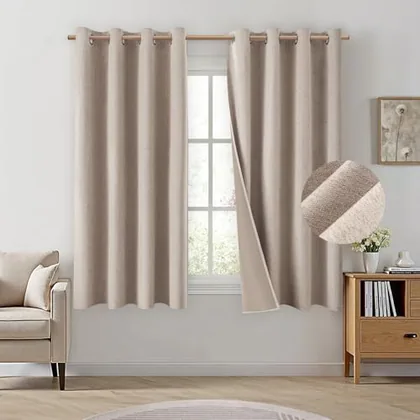 HOMEIDEAS 100% Blackout Beige Linen Blend 52'' X 63'' Curtains 2 Panels