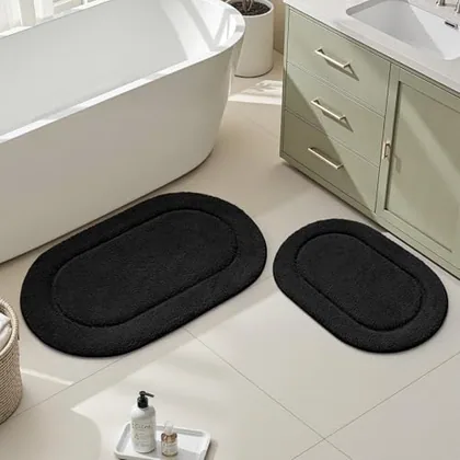 HOMEIDEAS Black Oval Bathroom Rug Sets 2 Piece 20 in x 32 in + 16 in x 24 in