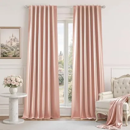 HOMEIDEAS 100% Blackout Faux Silk Blush Pink Curtains 52W x 96L 2 Panels