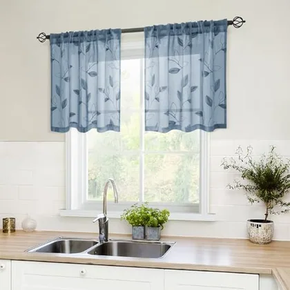 HOMEIDEAS Stone Blue Kitchen Tier Curtains Leaf Embroidered