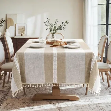 HOMEIDEAS Coffee Linen Tablecloth for Farmhouse Boho Outdoor 55x102