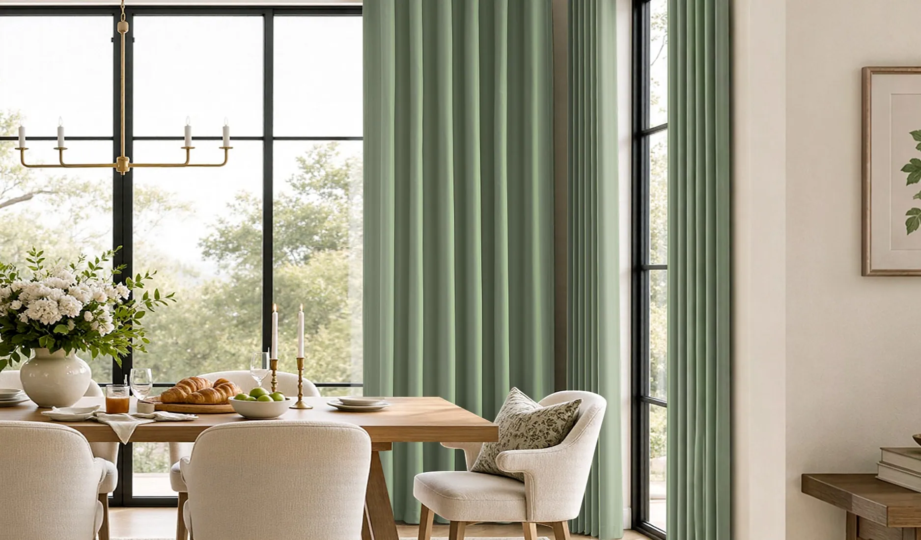 Our sage blackout curtains in a dining room, drawn back on a black rod