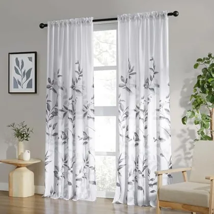HOMEIDEAS Light Grey and White Privacy Sheer Curtains
