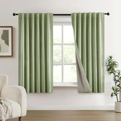 HOMEIDEAS 100% Chenille Blackout Curtains for Bedroom Sage Green Curtains 63