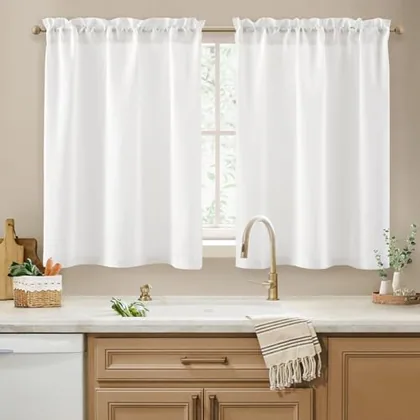 HOMEIDEAS Non-See-Through White Sheer Kitchen Curtains