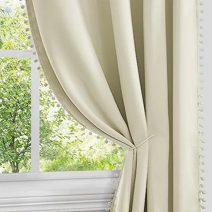 HOMEIDEAS Beige Pom Pom Blackout Curtains 52 x 84 Inches Long Grommet Room