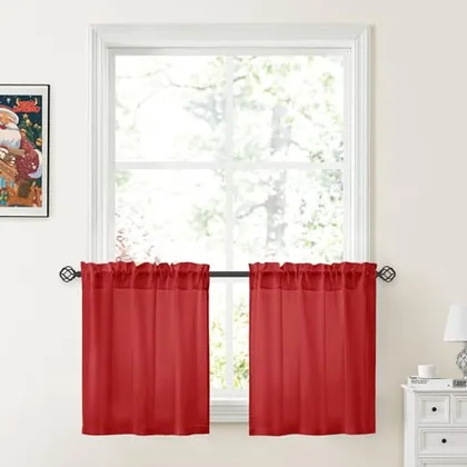 HOMEIDEAS Non-See-Through Red Privacy Sheer Kitchen Curtains