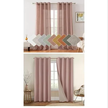 HOMEIDEAS Blush Pink Linen Sheer and 100% Blackout Linen Curtains for