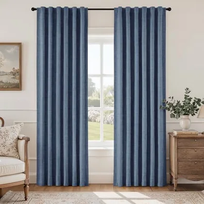 HOMEIDEAS 100% Blackout Stone Dusty Blue Faux Linen Curtains 63''L 2 Panels