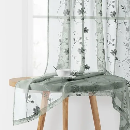 HOMEIDEAS Sage Green Sheer Curtains 84 Inches Long 2 Panels Embroidered