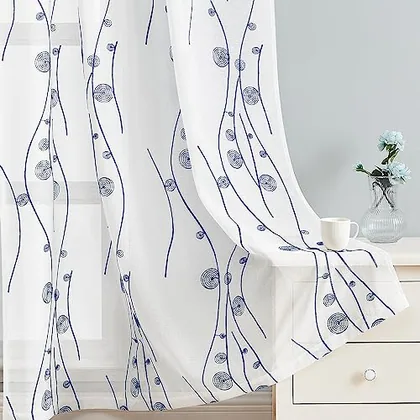 HOMEIDEAS Navy and White Sheer Curtains 52 X 84 Inches Length 2 Panels Blue