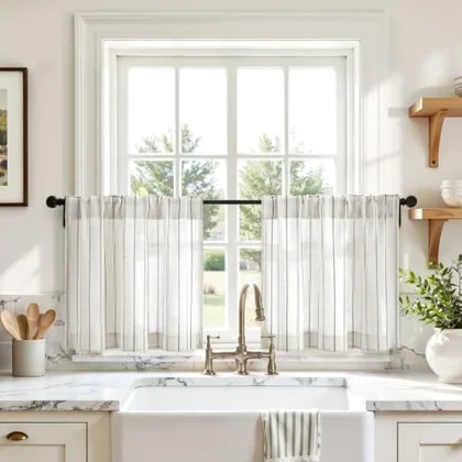 HOMEIDEAS Grey Striped Linen Cafe Kitchen Tier Curtains