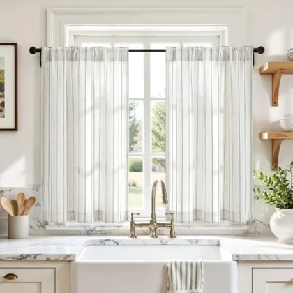 HOMEIDEAS Green Striped Linen Cafe Kitchen Tier Curtains 36 inches Long