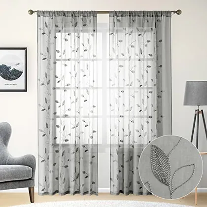 HOMEIDEAS Light Grey Sheer Curtains Leaf Embroidered